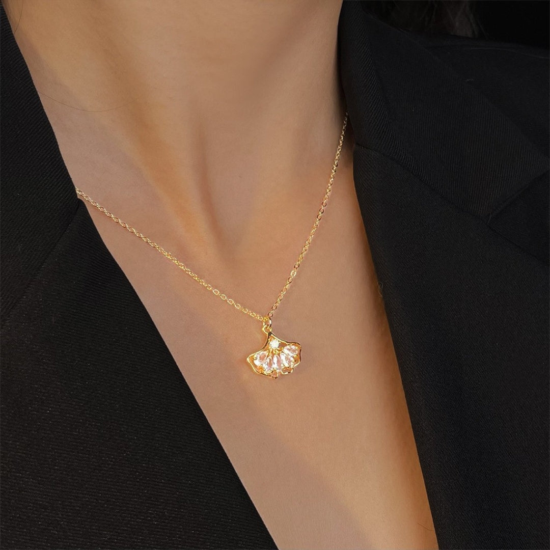 18K Gold Plated Ginkgo Leaf Zircon Chain Necklace