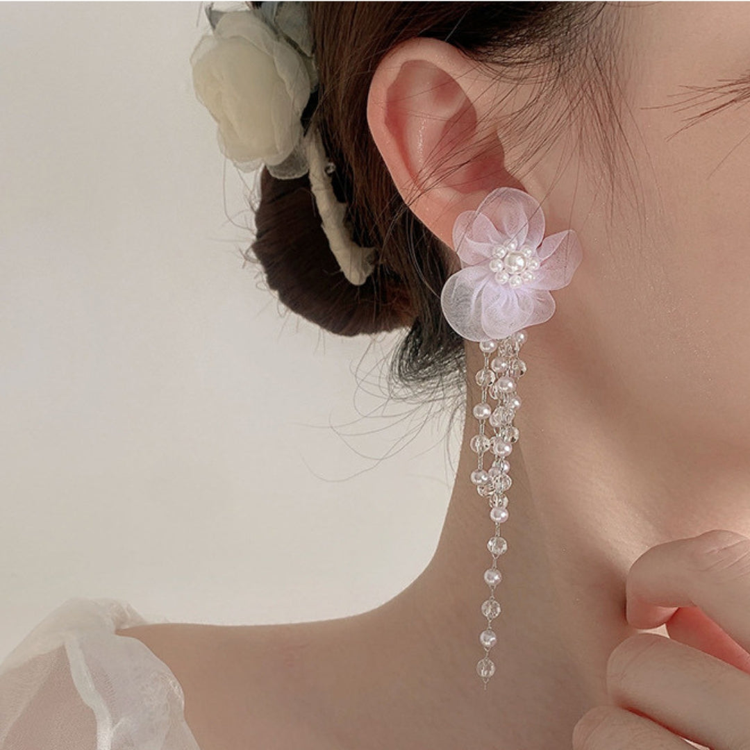 Lace Flower Ivory Pearl Drop Wedding Earrings