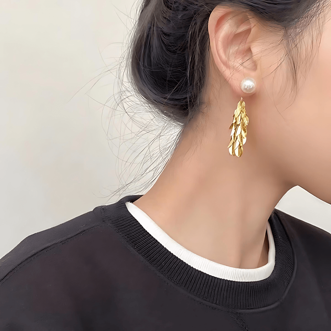 Two Tone Multi Way Pearl Leaf Ear Jacket Earrings