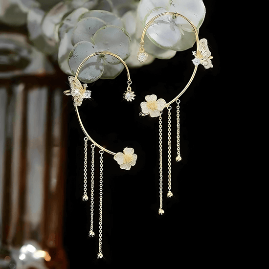 Non-Pierced Butterfly Tassel Elf Ear Clip Rose Wrap Climber Earrings