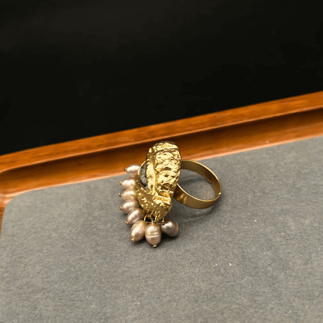 Chunky Evil Eye Cocktail Thumb Ring with Pearl Tassel