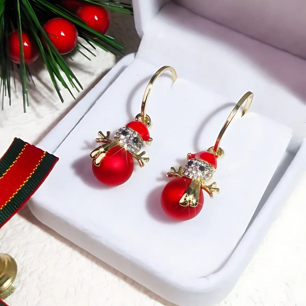 Ivory Red Snowman Holiday Drop Earrings Gift | DC008