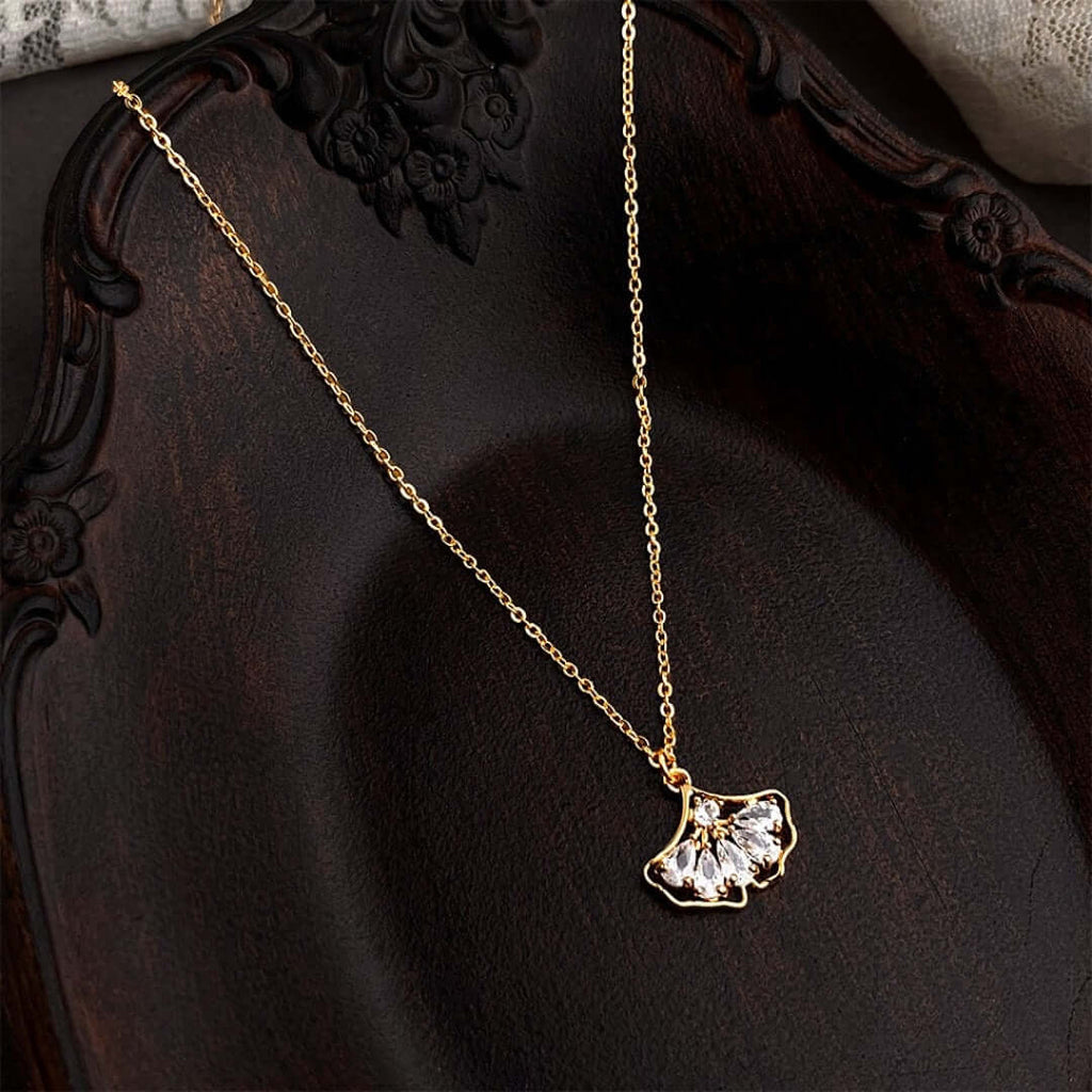 18K Gold Plated Ginkgo Leaf Zircon Chain Necklace