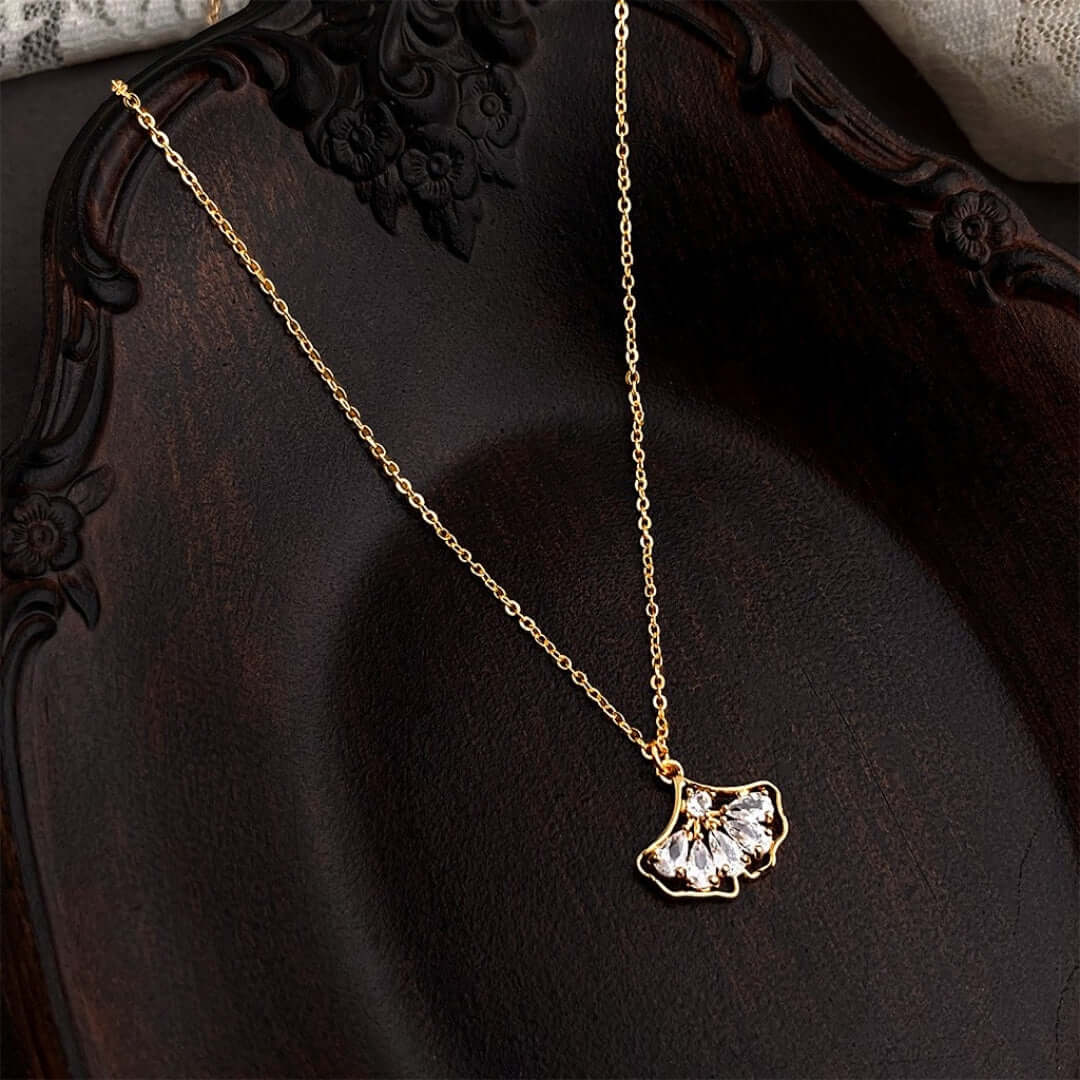 18K Gold Plated Ginkgo Leaf Zircon Chain Necklace