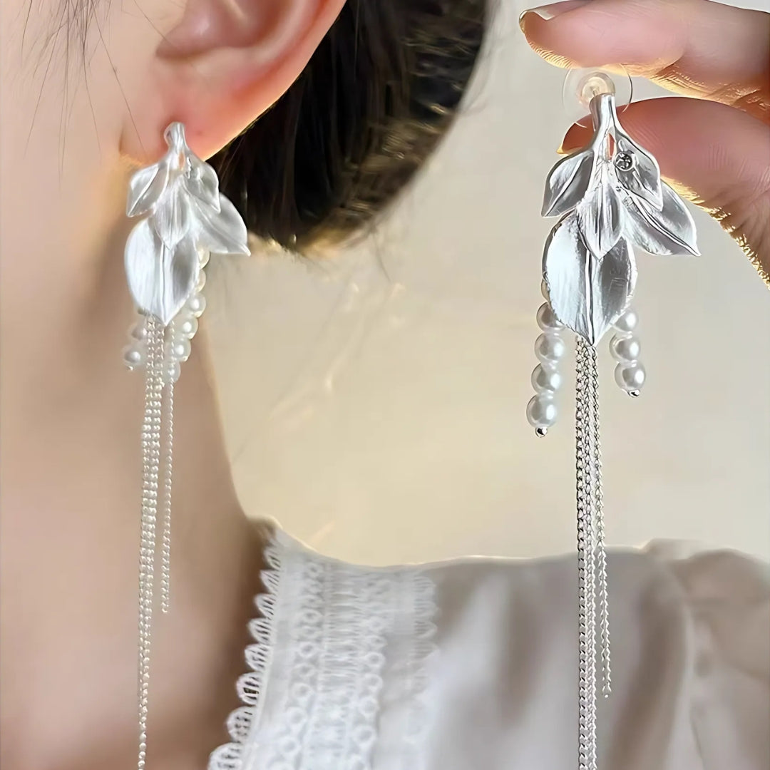 Ivory Pearl Leaf Link Chain Drop Earring