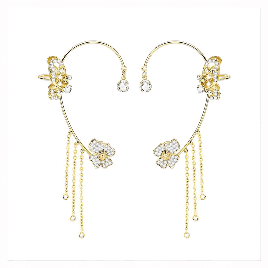 Non-Pierced Butterfly Tassel Elf Ear Clip Rose Wrap Climber Earrings