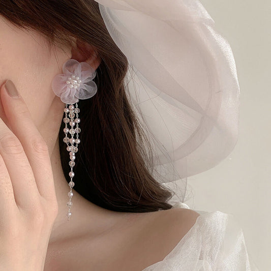 Lace Flower Ivory Pearl Drop Wedding Earrings