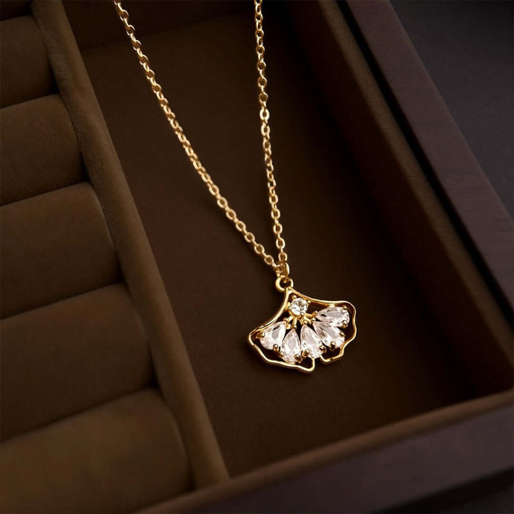 18K Gold Plated Ginkgo Leaf Zircon Chain Necklace