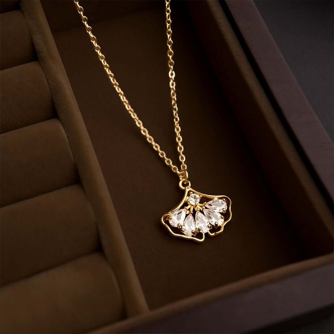 18K Gold Plated Ginkgo Leaf Zircon Chain Necklace