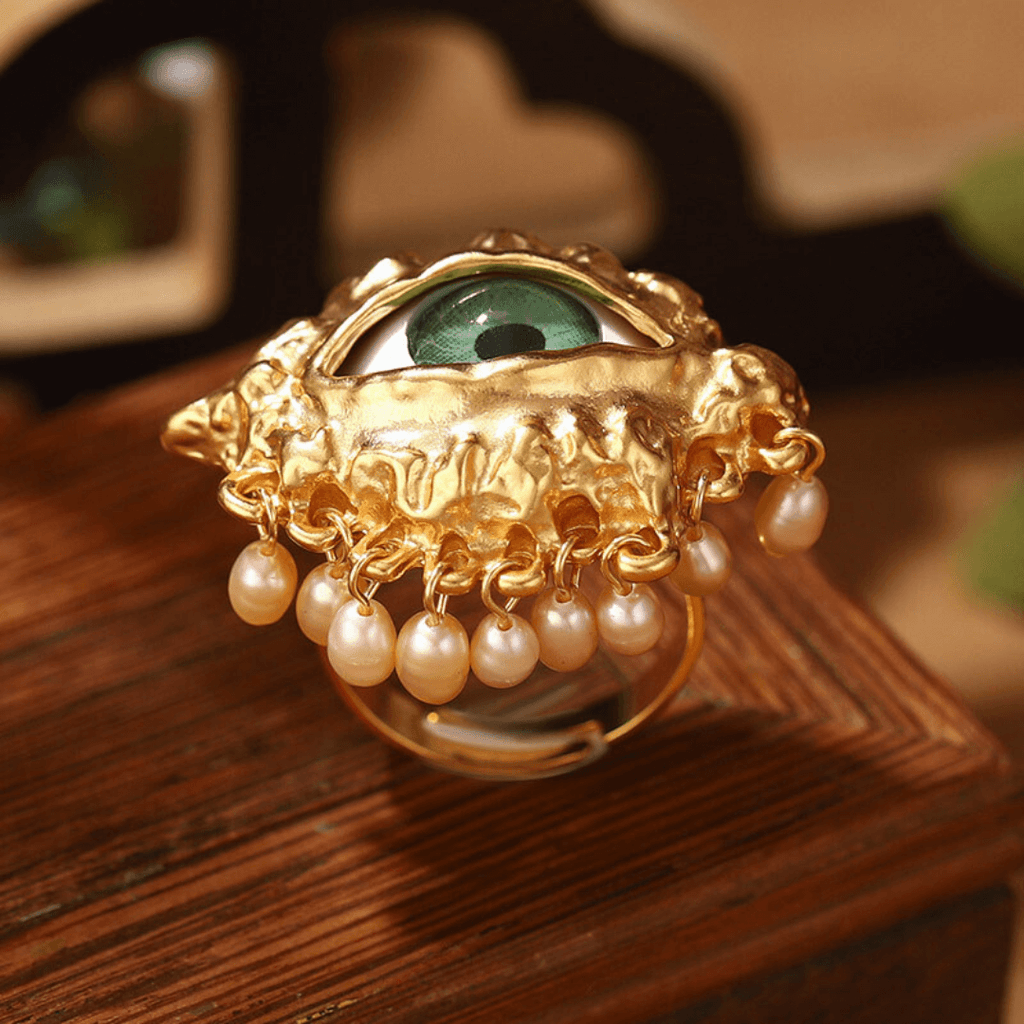 Chunky Evil Eye Cocktail Thumb Ring with Pearl Tassel