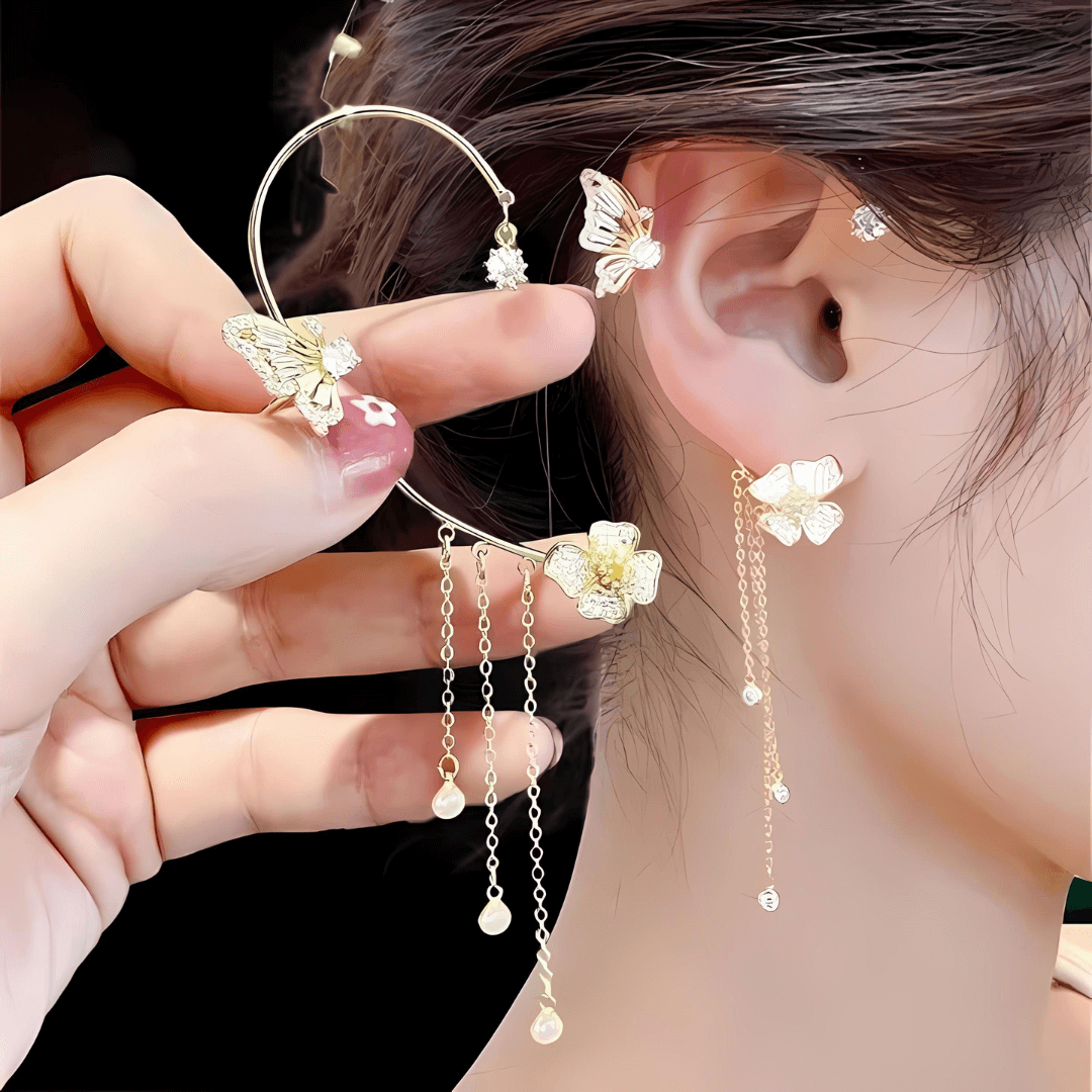 Non-Pierced Butterfly Tassel Elf Ear Clip Rose Wrap Climber Earrings