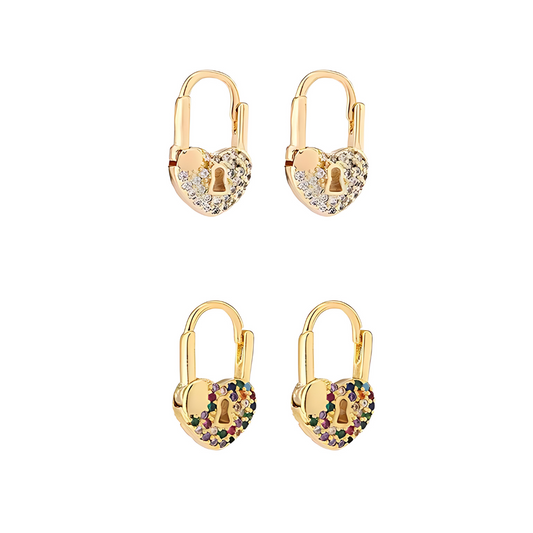 18K Gold Lock Huggies Heart Earrings 