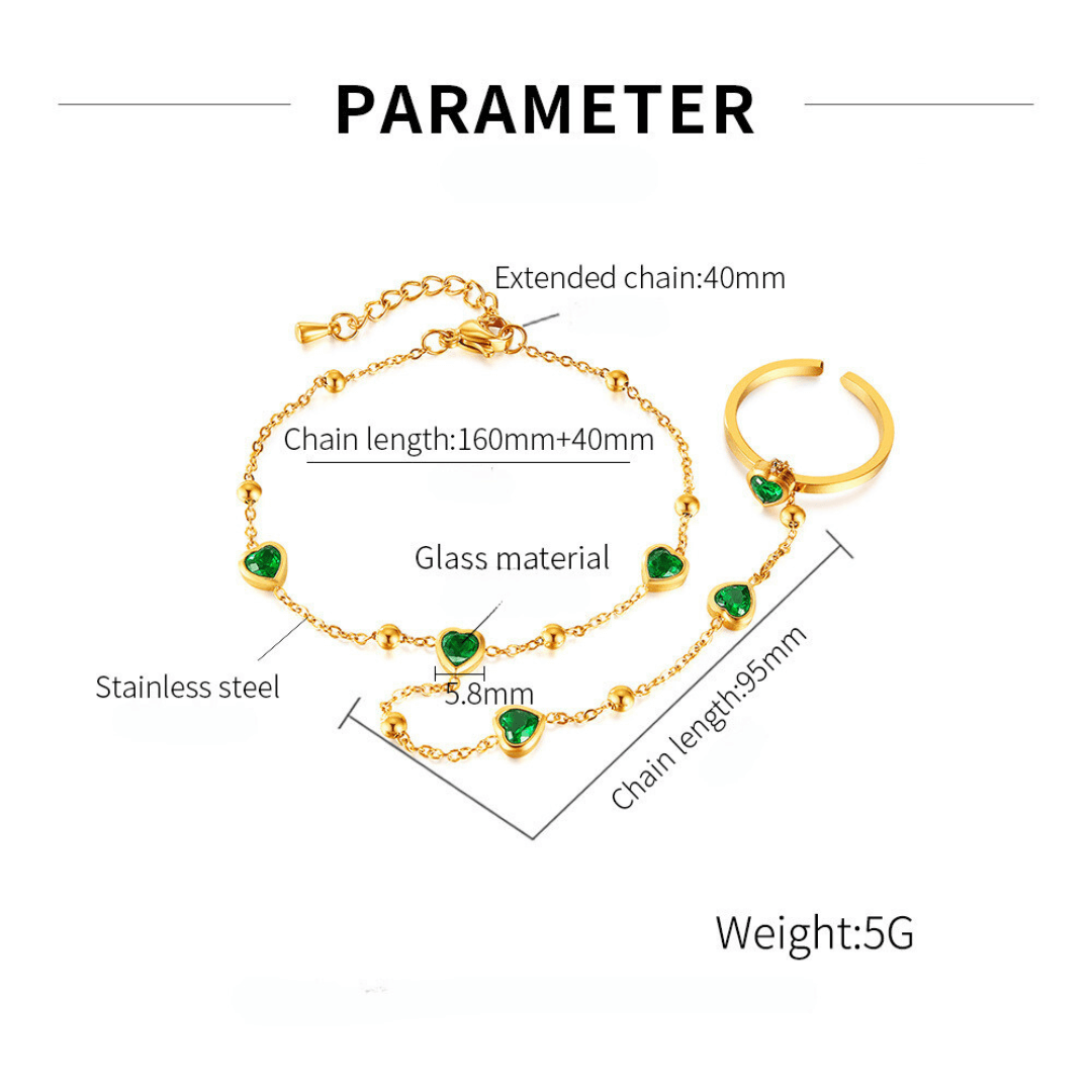 Green Heart Ring Chain Bracelet