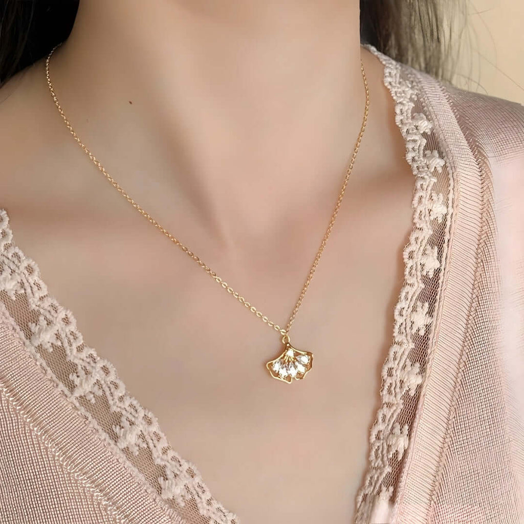 18K Gold Plated Ginkgo Leaf Zircon Chain Necklace