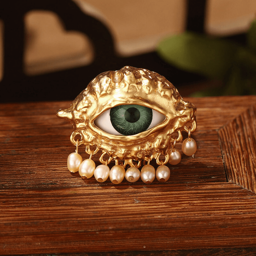 Chunky Evil Eye Cocktail Thumb Ring with Pearl Tassel