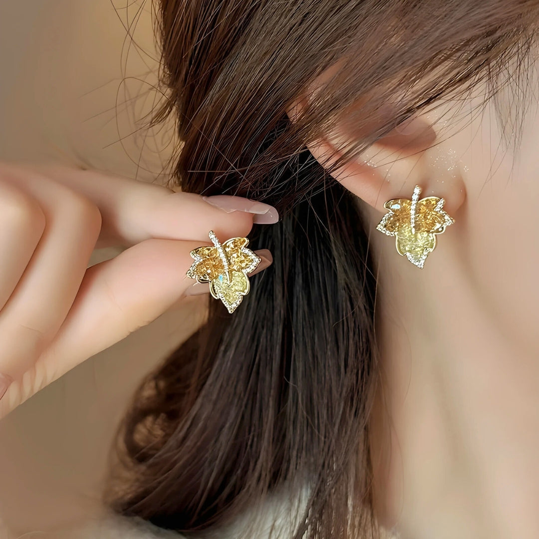 Gradient Maple Leaf Paved Crystal Earring Stud