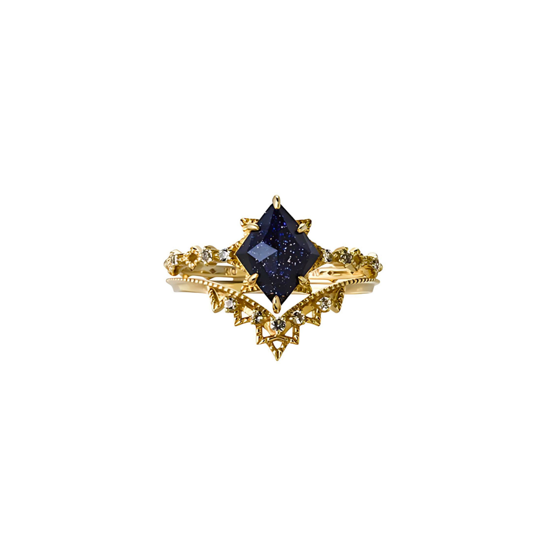 Galaxy Blue Sandstone Star Stone Lace Ring Set