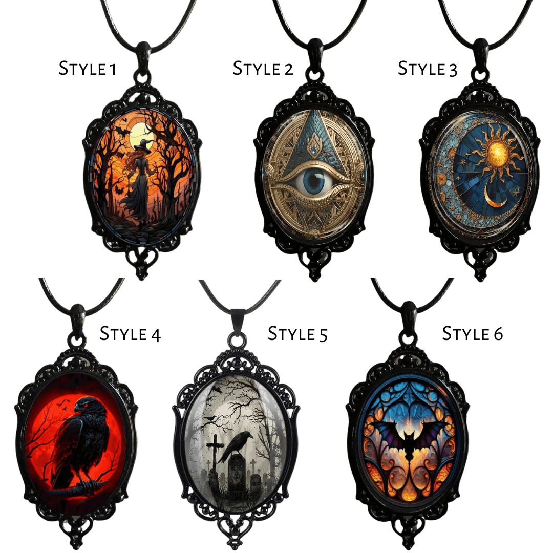 Goth Cross Crow Raven Embossed Halloween Pendant Necklace | KY001