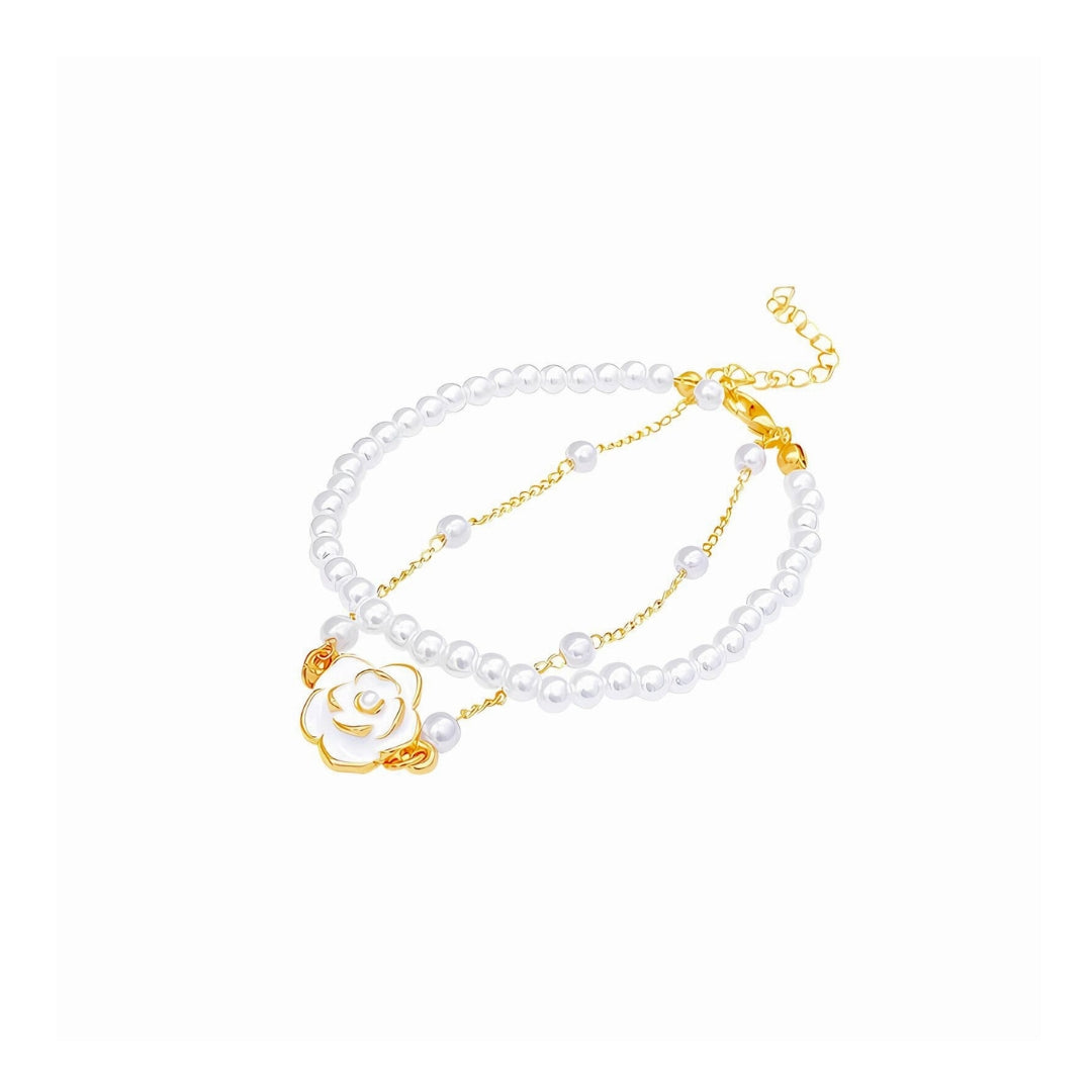 Dainty Camellia Flower Charm Pearl Bracelet 