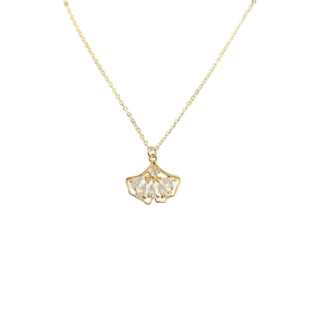 18K Gold Plated Ginkgo Leaf Zircon Chain Necklace