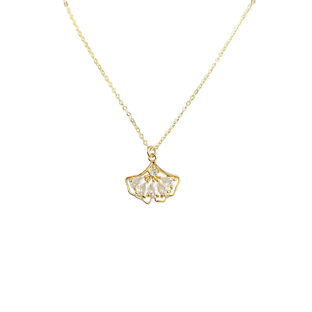 18K Gold Plated Ginkgo Leaf Zircon Chain Necklace