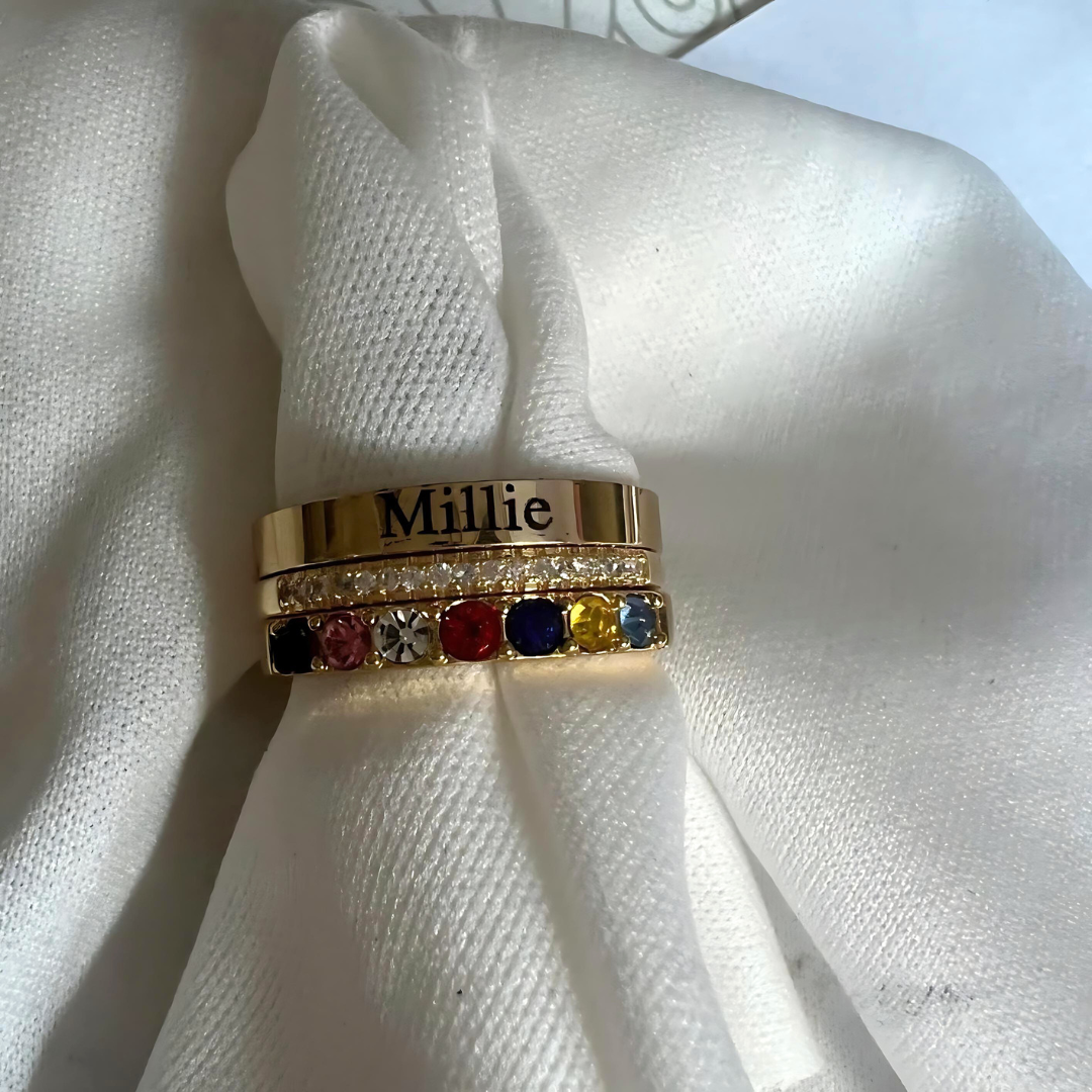 Eternity Birthstone Custom Name Ring Stacking Ring Set