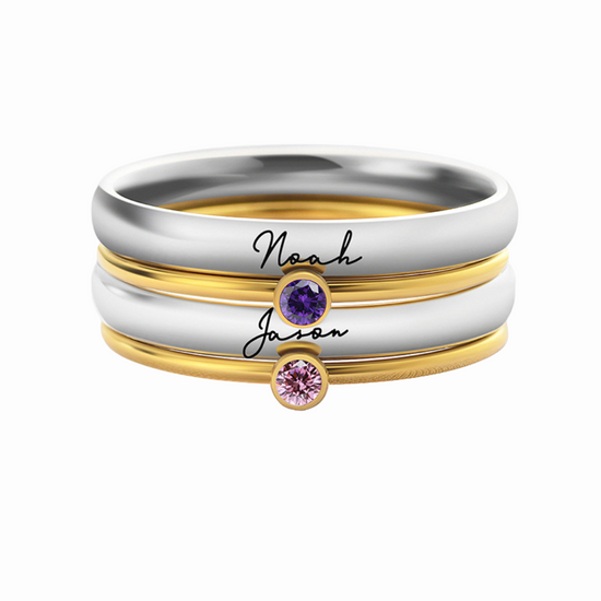 Personalized Birthstone Engraved Stacking Ring Set