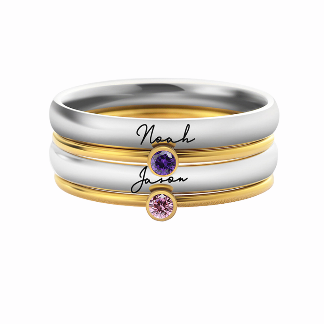 Personalized Birthstone Engraved Stacking Ring Set