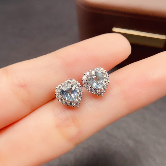 Romantic Heart Aquamarine Gemstone Stud