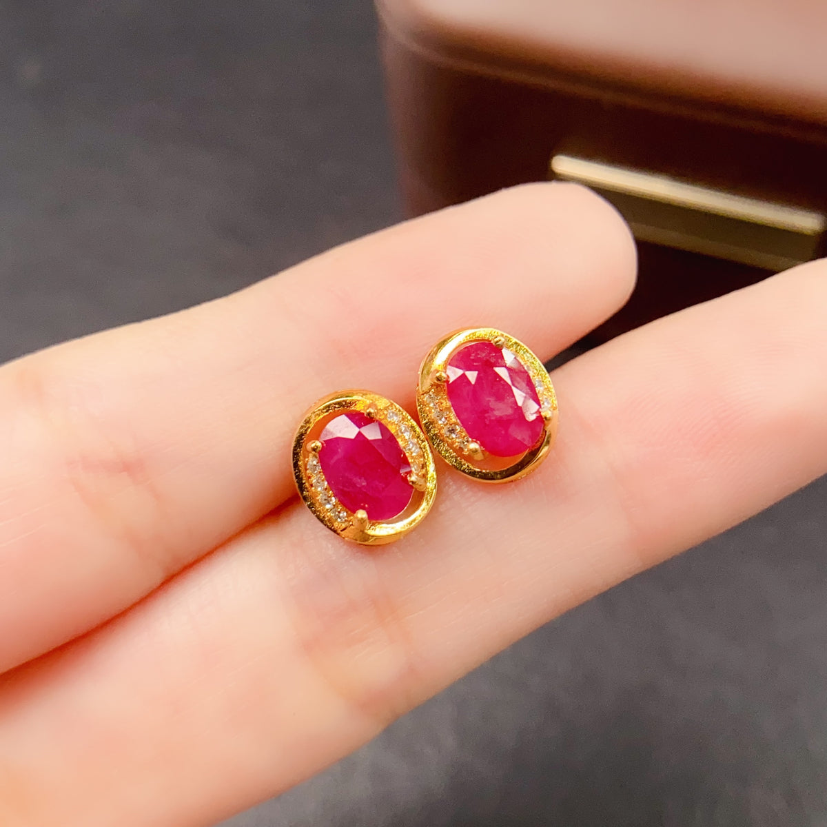 Red Ruby Gold Stud Earring