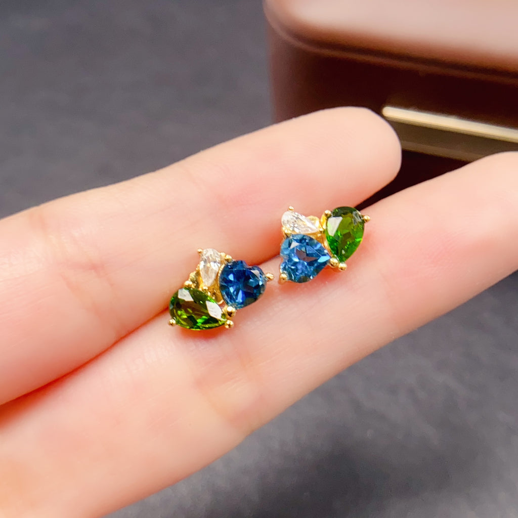 Multi Stone Diopside Heart Stud Earrings