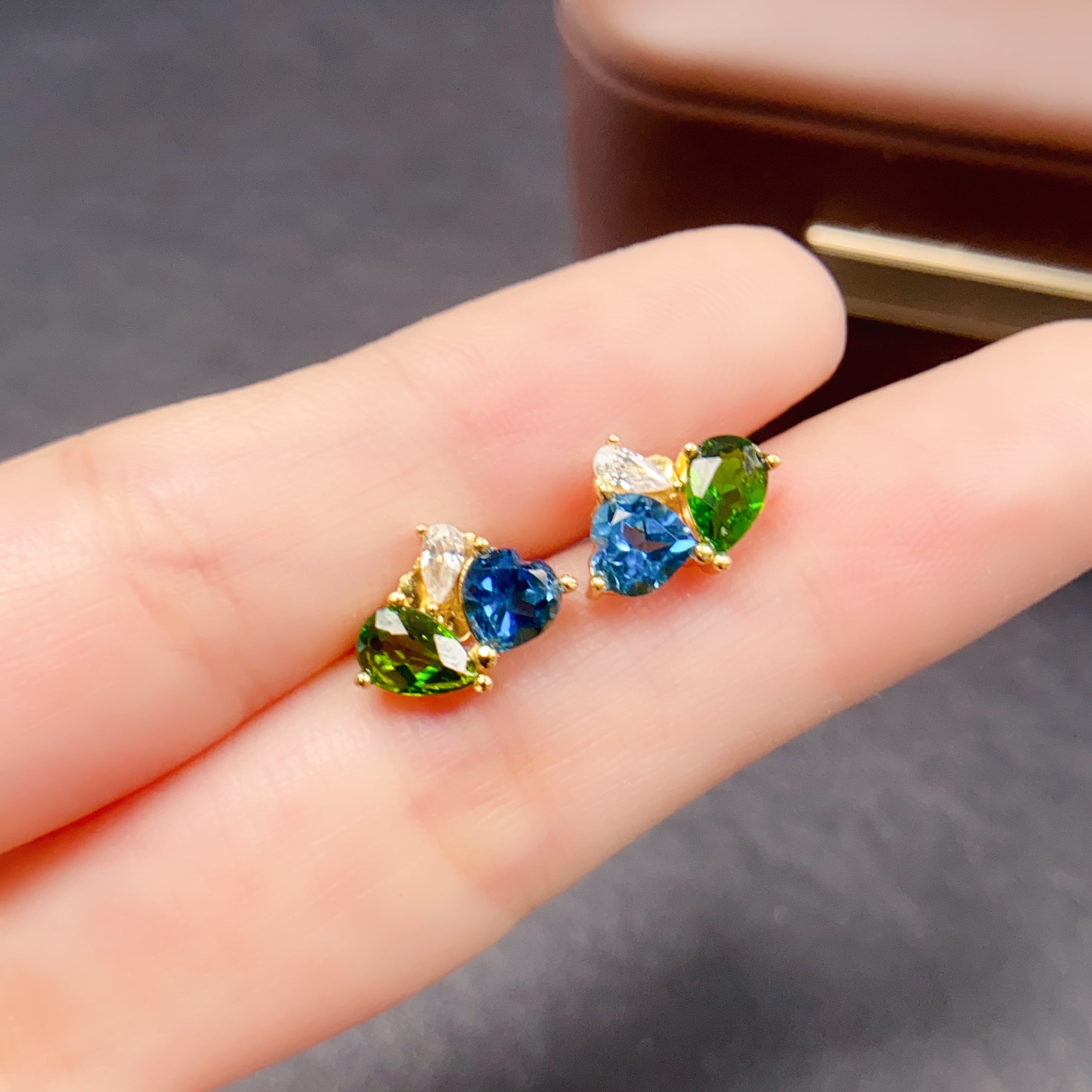 Multi Stone Diopside Heart Stud Earrings