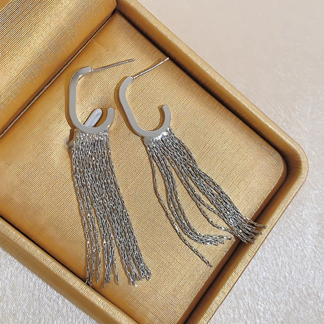 Gold Silver C Hoop Tassel Waterfall Earrings