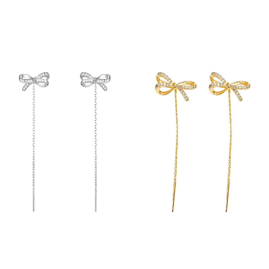 Gold Bow Tassel Fringe Threader Earrings