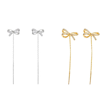 Gold Bow Tassel Fringe Threader Earrings
