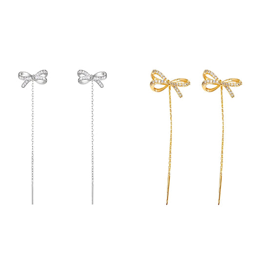 Gold Bow Tassel Fringe Threader Earrings