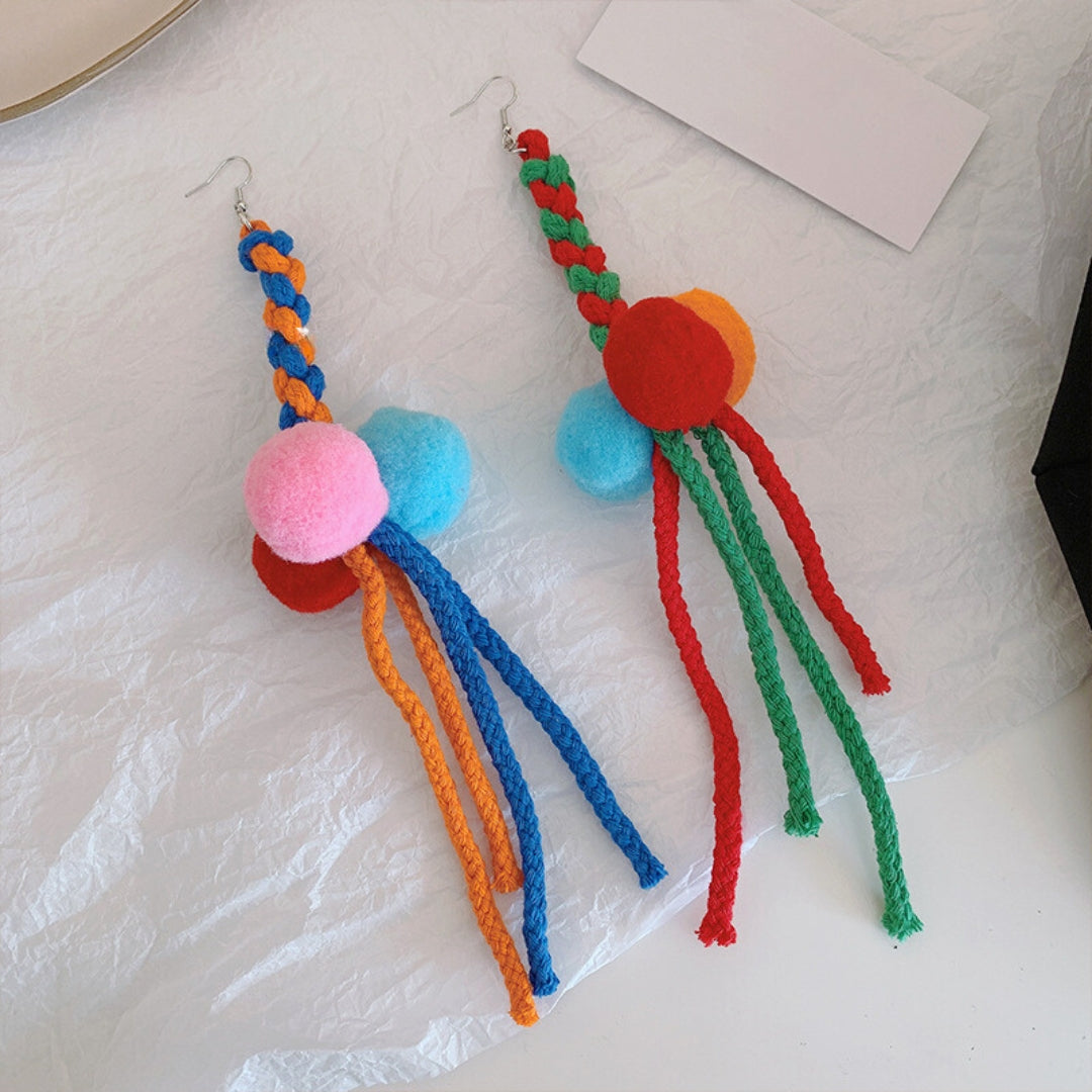 Rainbow Ethical Knit Ornament Tassel Long Drop Earrings