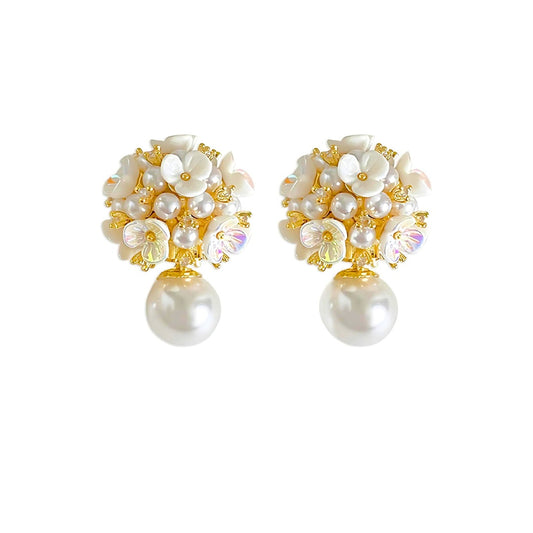 Elegant Pearl Flower Front Back Ear Jacket Earrings 