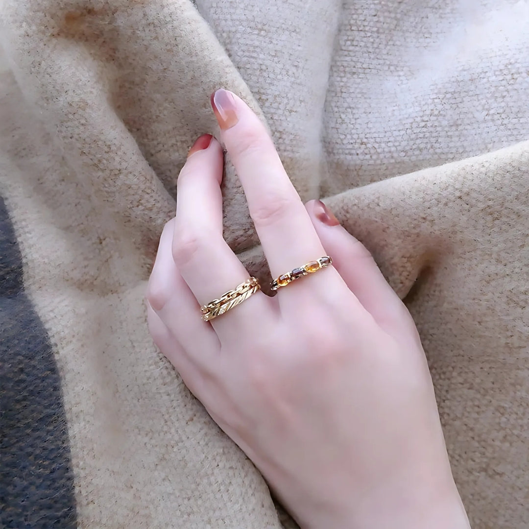 Vintage Citrine Smoky Quartz Stacking Chain Ring Set