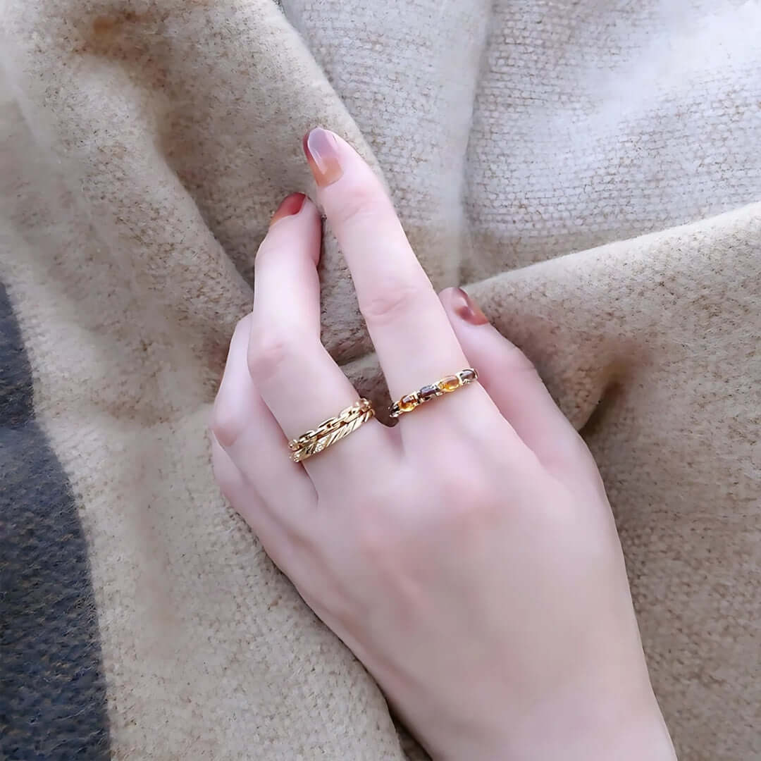 Vintage Citrine Smoky Quartz Stacking Chain Ring Set