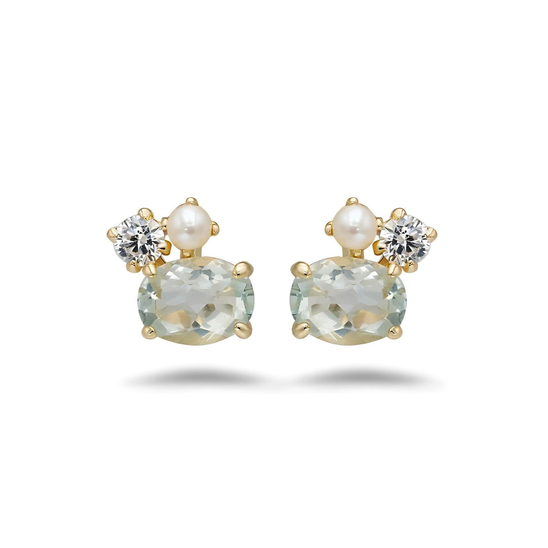 Dainty Green Amethyst Stud Earrings with Pearl