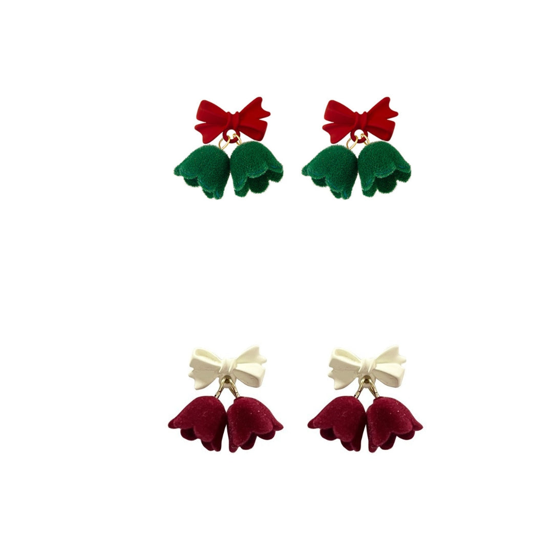 Velvet Jingle Bell Cute Bow Christmas Drop Earrings