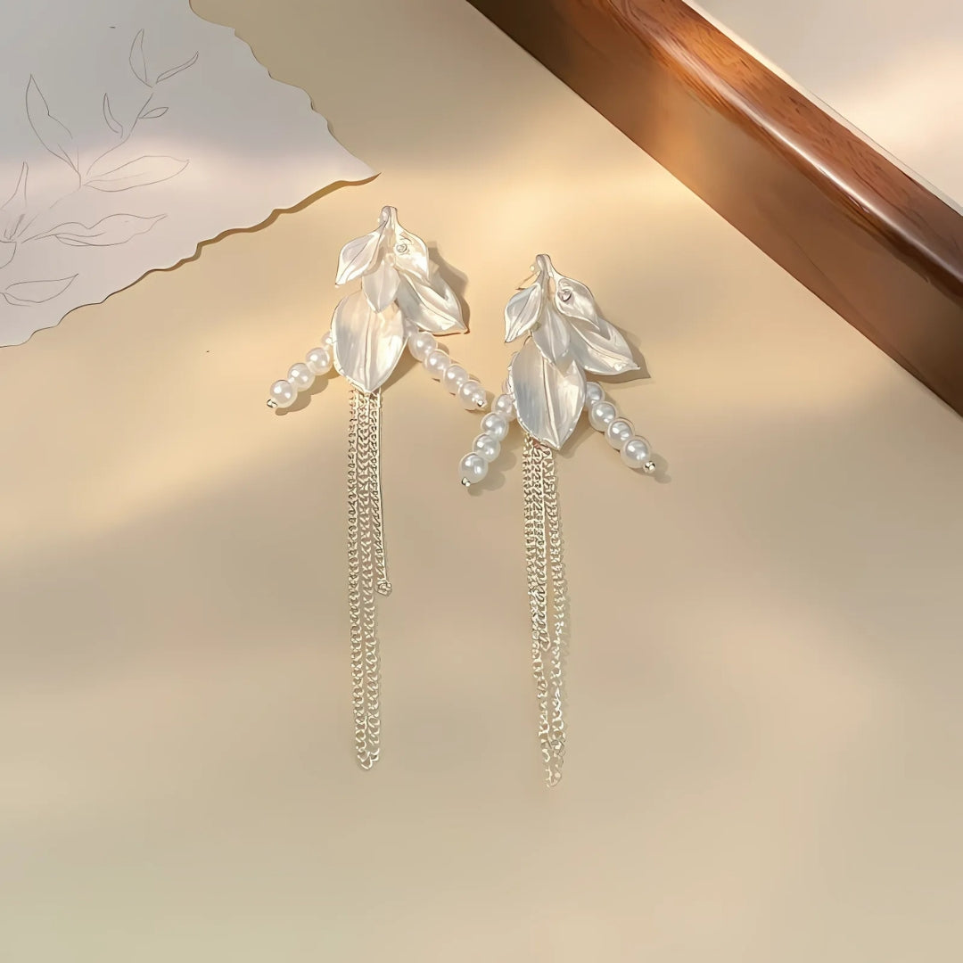 Ivory Pearl Leaf Link Chain Drop Earring