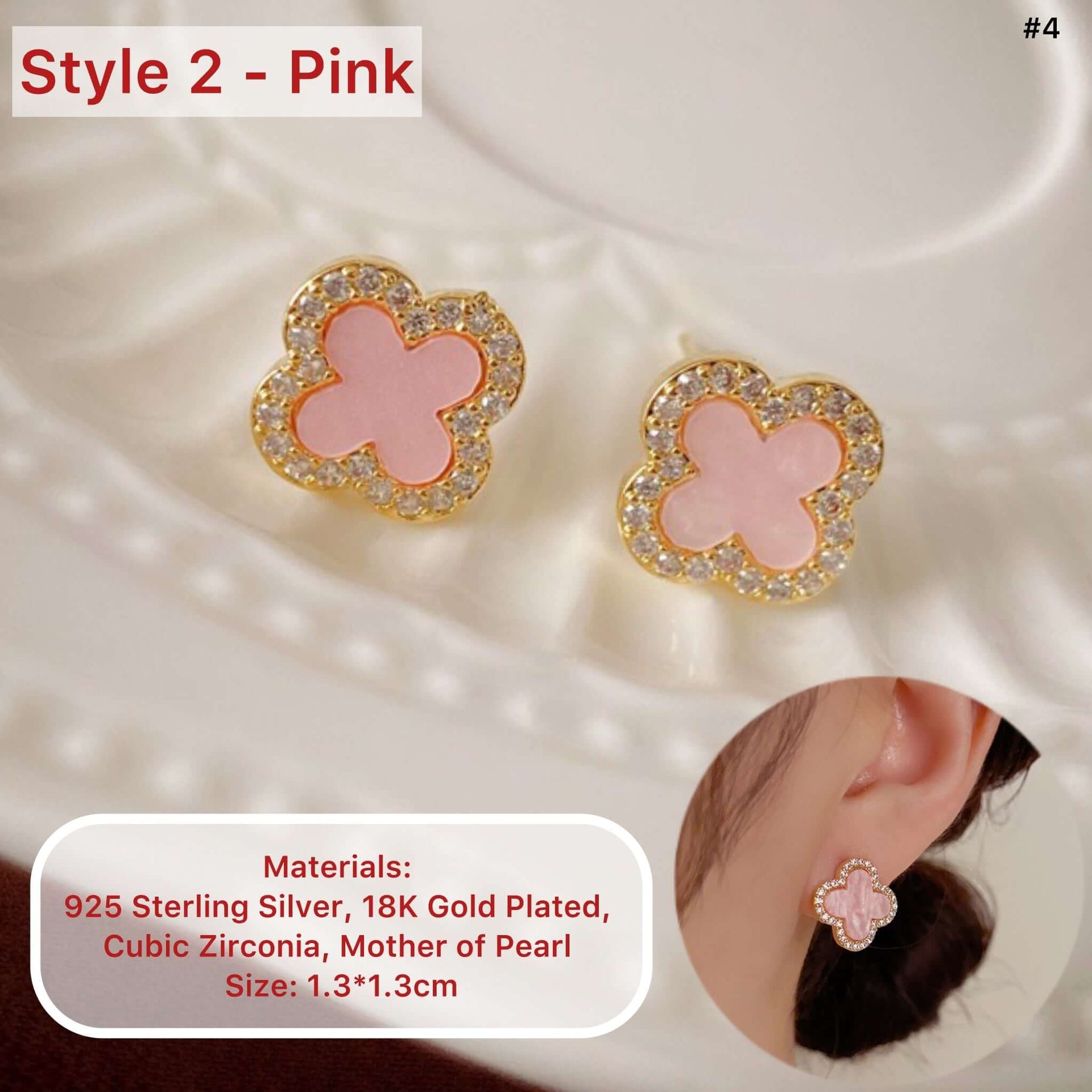 18K Gold Plated Pink Clover Stud Earrings