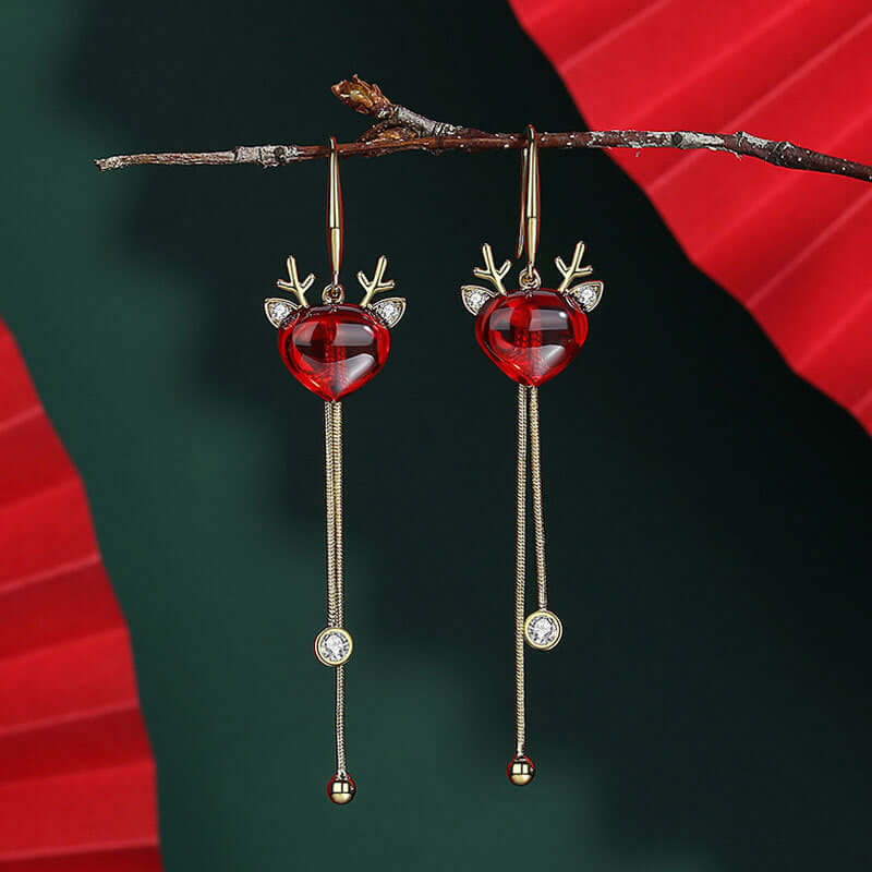 Ruby Corundum Reindeer Dangle Drop Tassel Fringe Xmas Earrings