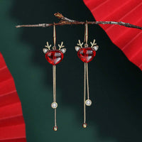 Ruby Corundum Reindeer Dangle Drop Tassel Fringe Xmas Earrings