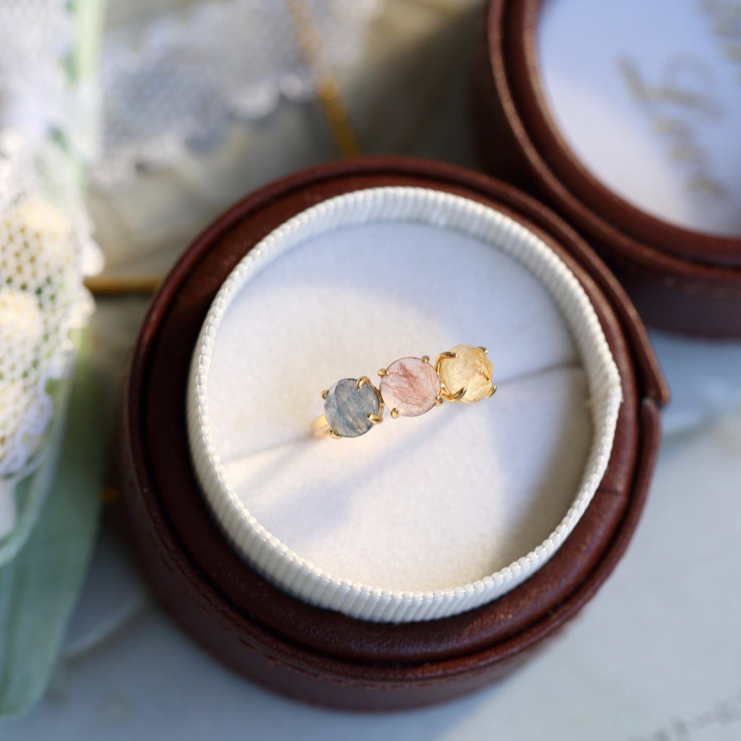 Pop Out Candy Rutilate Quartz Three Stone Ring