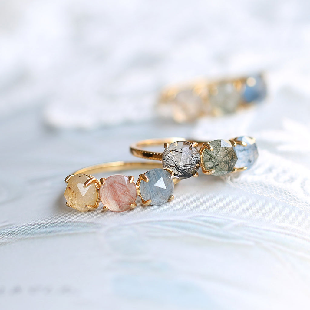 Pop Out Candy Rutilate Quartz Three Stone Ring