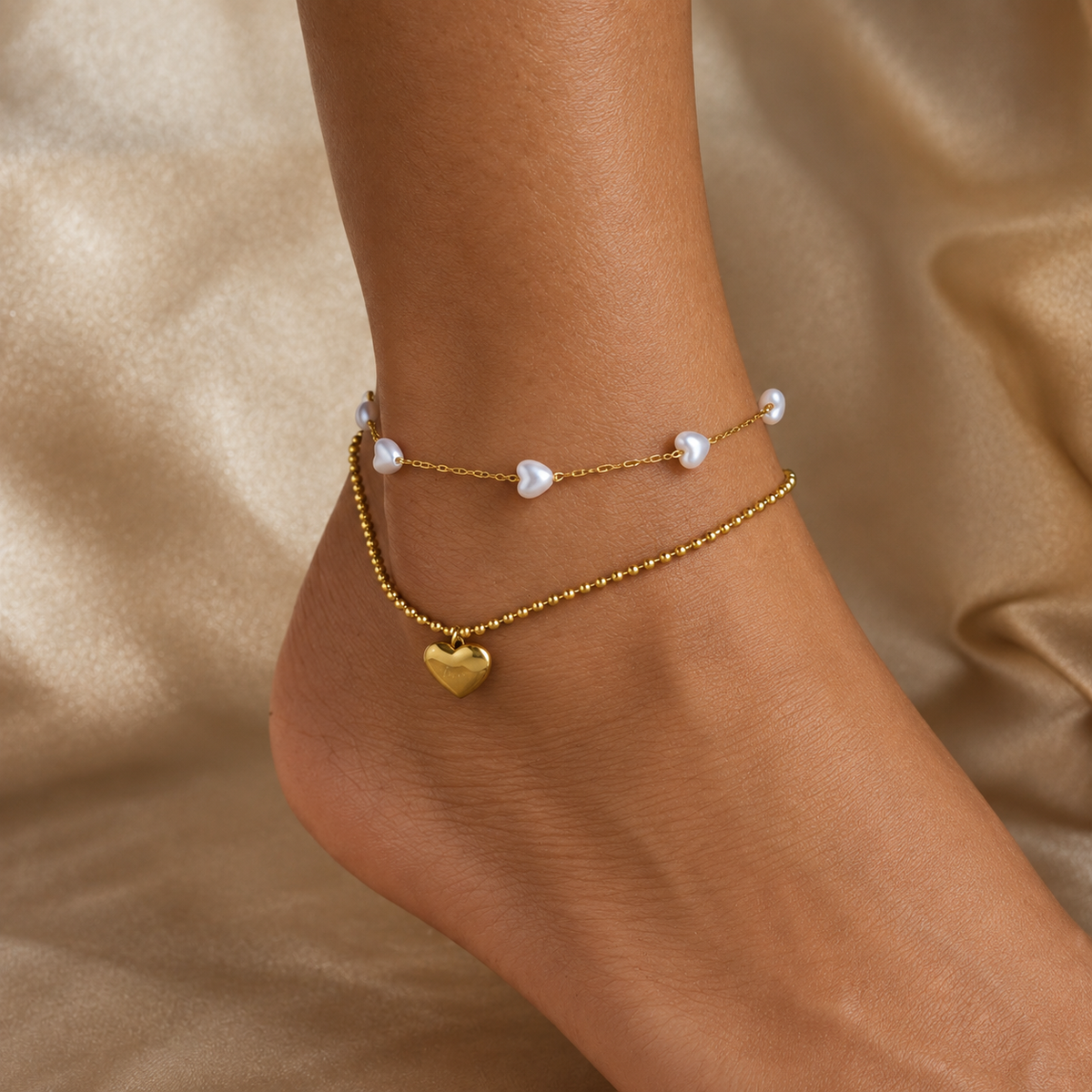 Layered Gold Heart Anklet Chain with Pearl Bead 