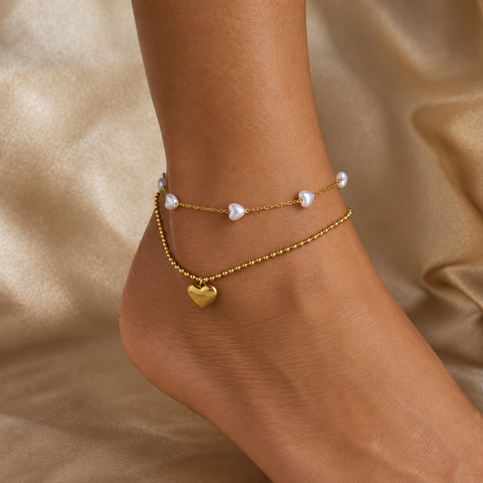 Layered Gold Heart Anklet Chain with Pearl Bead 
